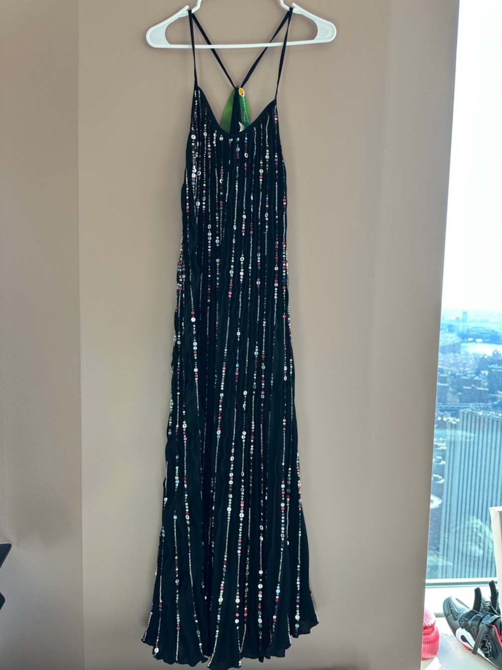 FARM Rio Black Sequin Vertical-Stripe Maxi Dress